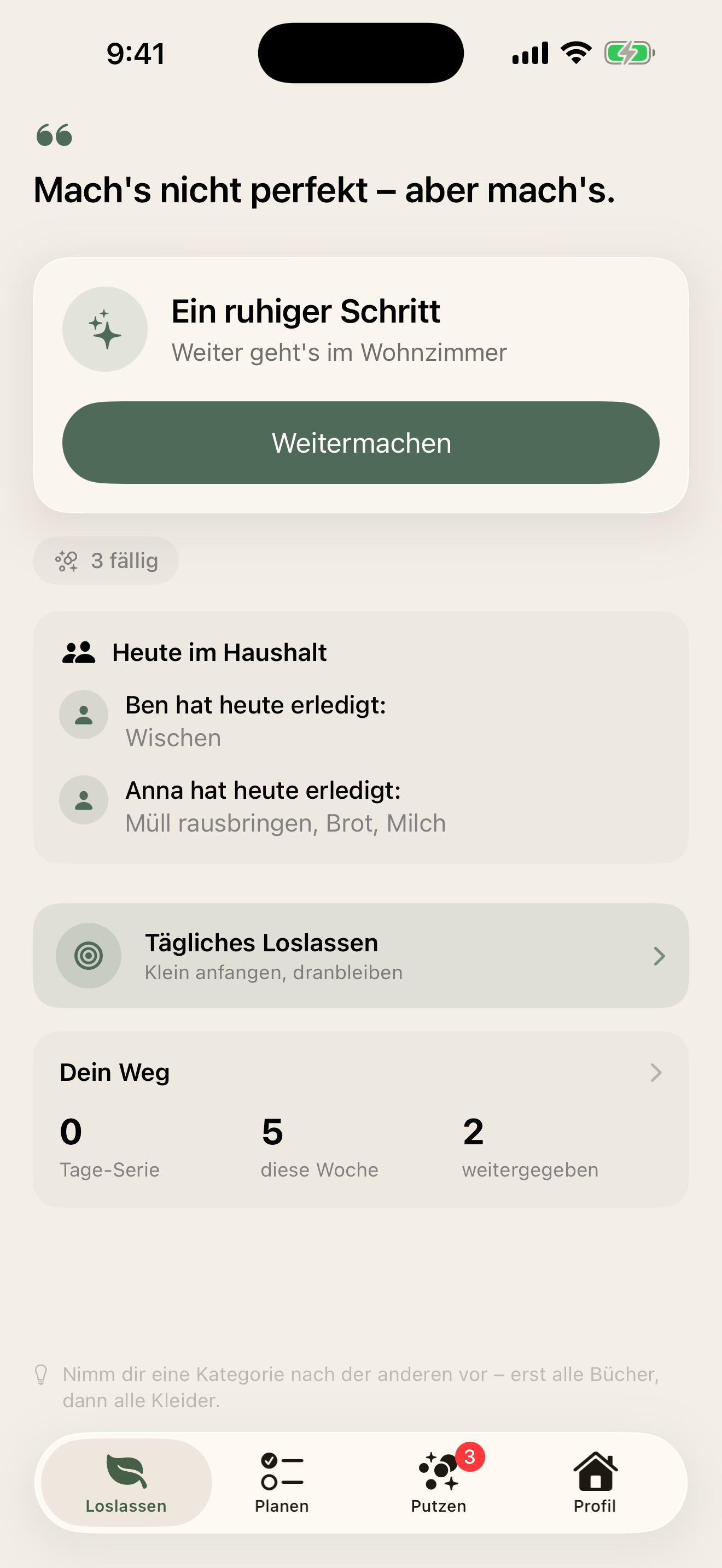 Cozymus Startbildschirm mit ruhigem Impuls, einem Fokus-Schritt und dem Tagesfortschritt