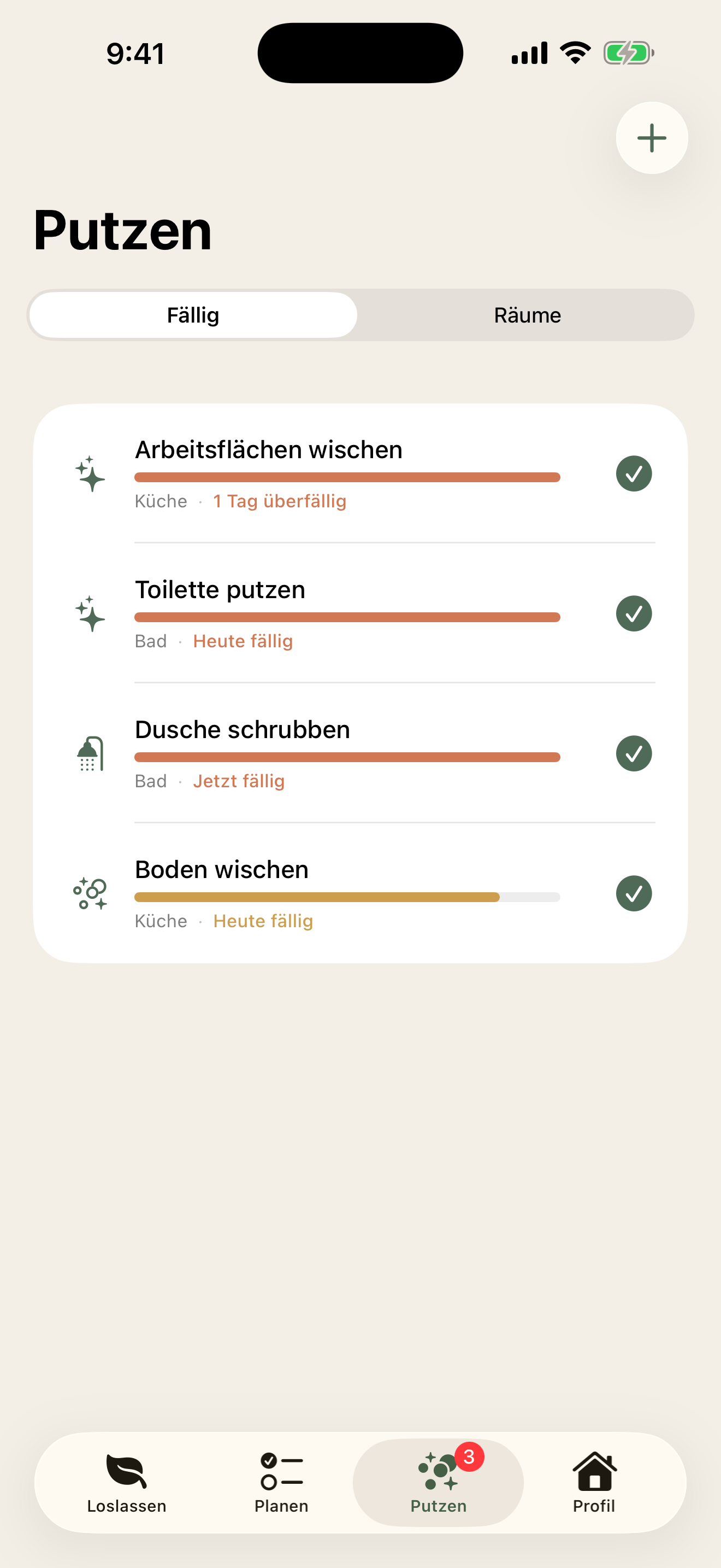Putzen-Tab mit fälligen Aufgaben und Dringlichkeitsbalken je Raum