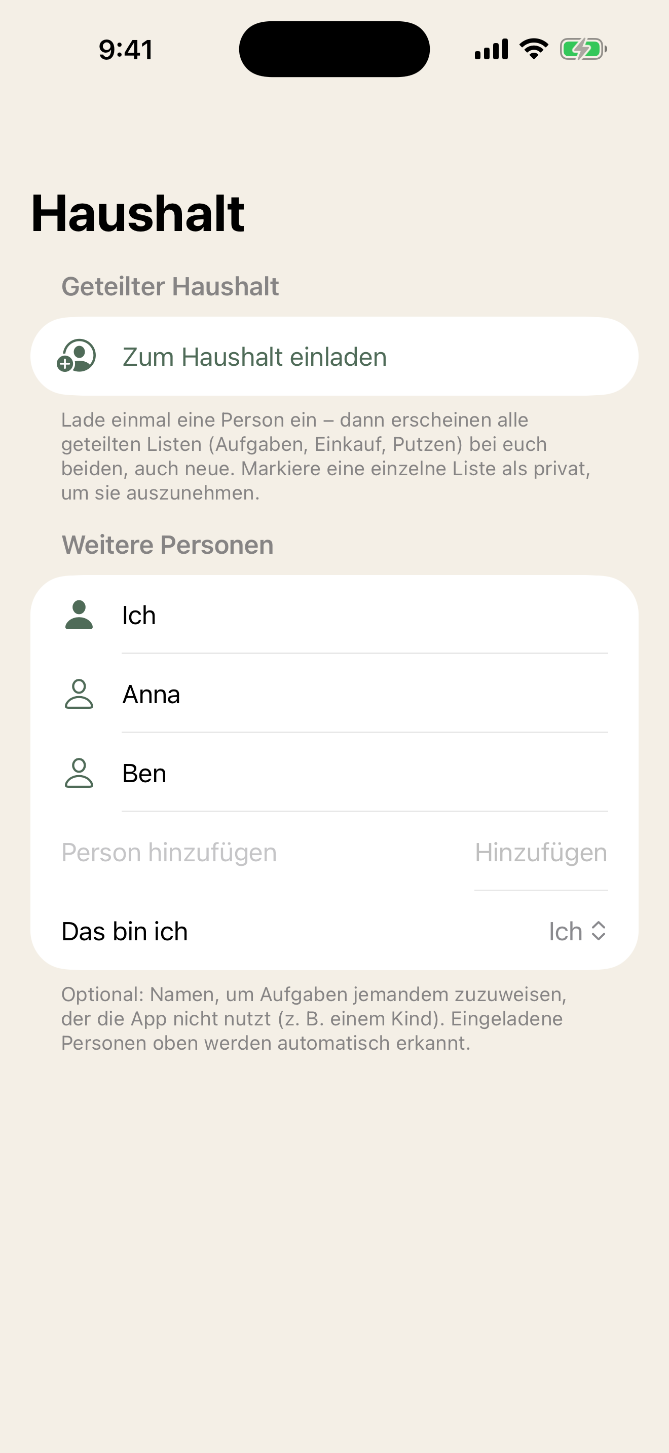 Haushalt-Ansicht mit Einladung und Liste der Mitbewohner