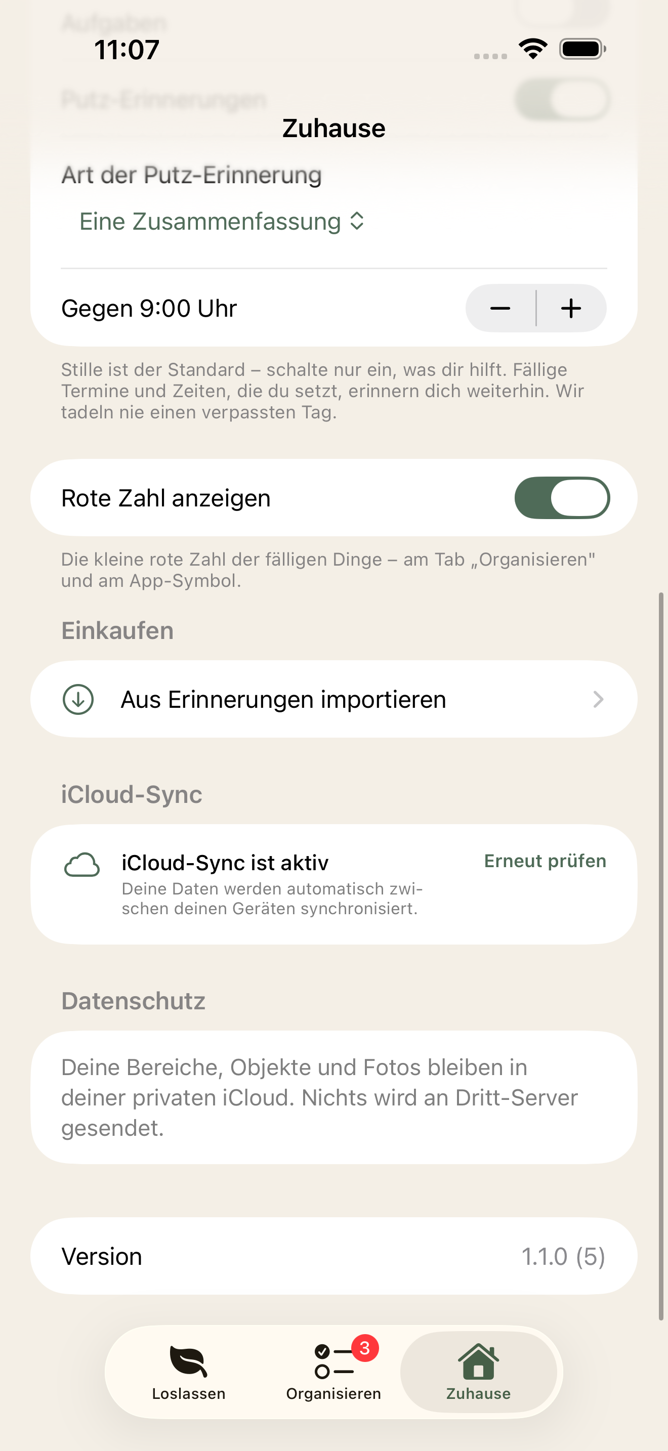 Zuhause-Tab mit iCloud-Sync und Datenschutz-Hinweisen