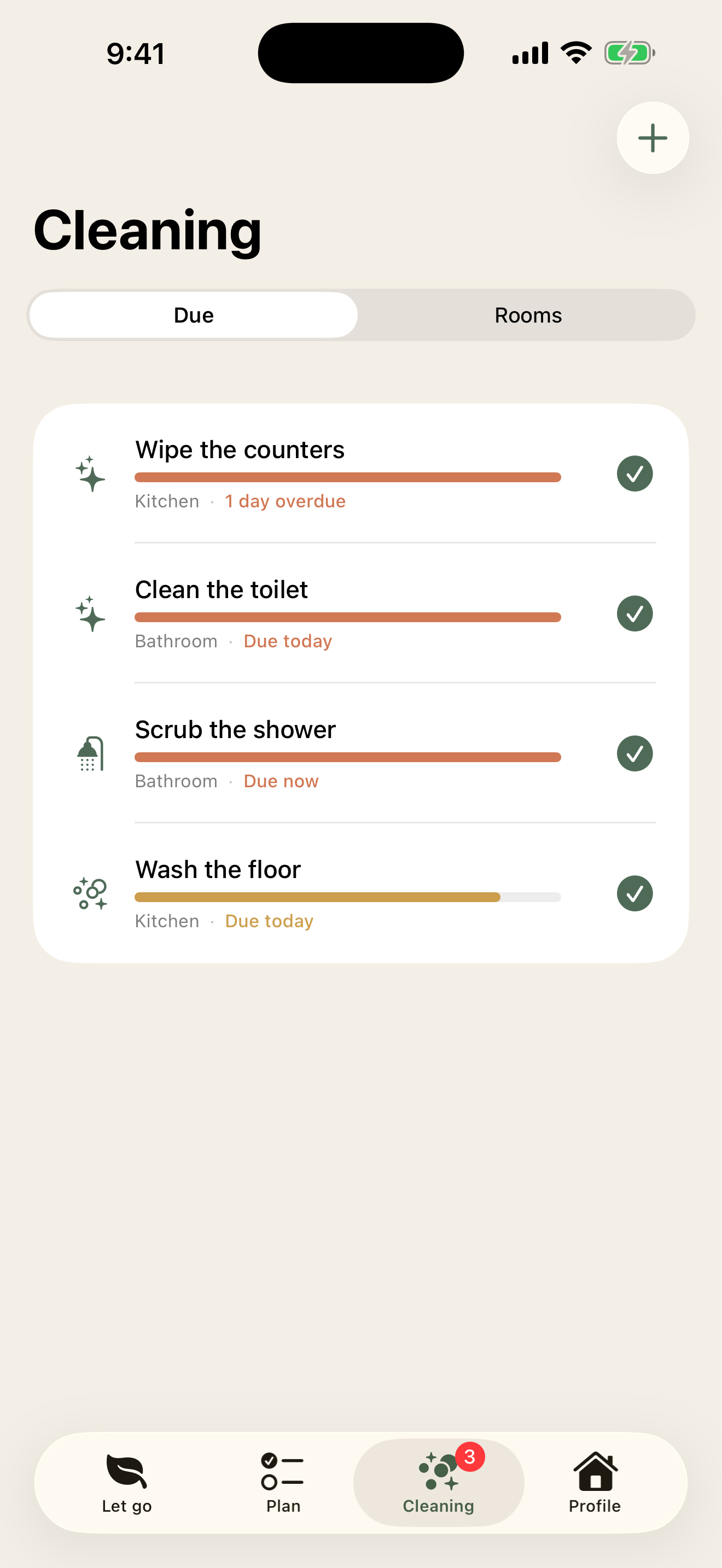 Clean tab with due tasks and an urgency bar per room
