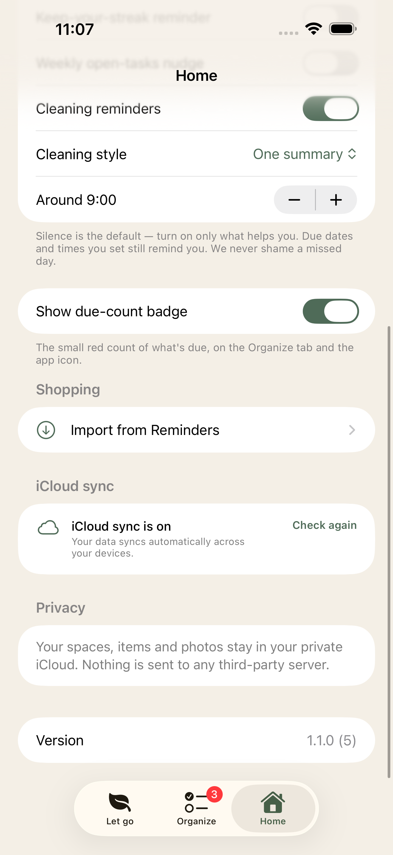 Home tab with iCloud sync and privacy notes